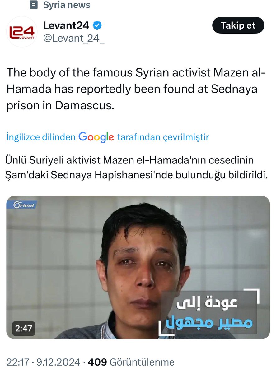 sametdgn1's tweet photo. Üzüldüm, Suriyeli ünlü aktivist Mazen Hamadi’nin Sednaya hapishanesinde cesedi bulundu. Ağır işkenceyle öldürülmüş. Eğer affa inanarak Suriyeliler dönseydi sonuç bu olacaktı. https://t.co/4Ev3biOs8m