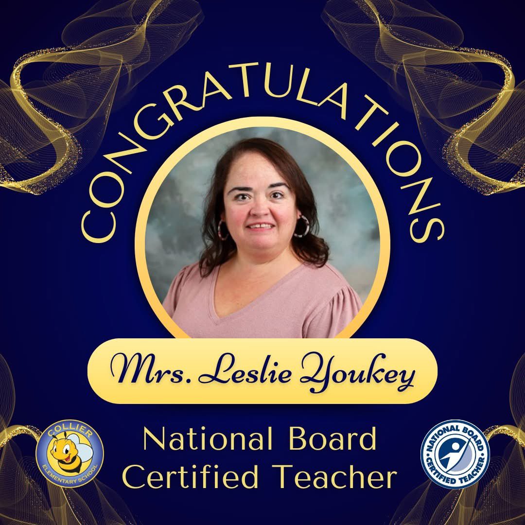 Congratulations to one of our EL teachers, Mrs. Leslie Youkey, for earning National Board Certified Teacher status! We are so proud of you and all the hard work you put in to achieve this honor!

#BeeTheImpact #growingGREATNESS #TeamMCPSS