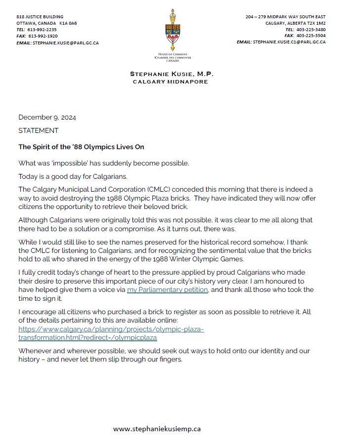 StephanieKusie's tweet photo. The spirit of the '88 Olympics lives on!
What was ‘impossible’ has suddenly become possible.
See my statement on the CMLC's decision regarding the Olympic Plaza bricks.
#yyc #savethebricks https://t.co/gUdbI2W4wC