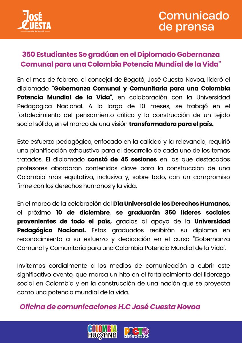 jcuestanovoa's tweet photo. Mañana 10 de diciembre, día universal de los derechos humanos, graduáremos en compañía de la Universidad Pedagógica Nacional, a 359 líderes sociales de toda Colombia, quienes adelantaron sus estudios en el diplomado Gobernanza Comunitaria para una Colombia Potencia de la Vida. https://t.co/W3TT5IQz4T