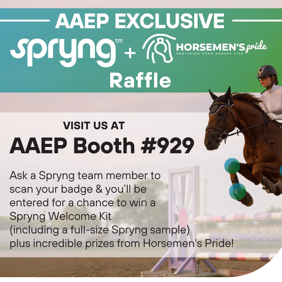 Hello #AAEP2024 attendees! Come visit booth 929 to meet our team. Scan your badge and you’ll be entered for a chance to win a Spryng Welcome Kit (including a full-size Spryng sample) plus incredible prizes from Horsemen's Pride! Total value: Over $500! 
#AAEP #VeterinaryMedicine