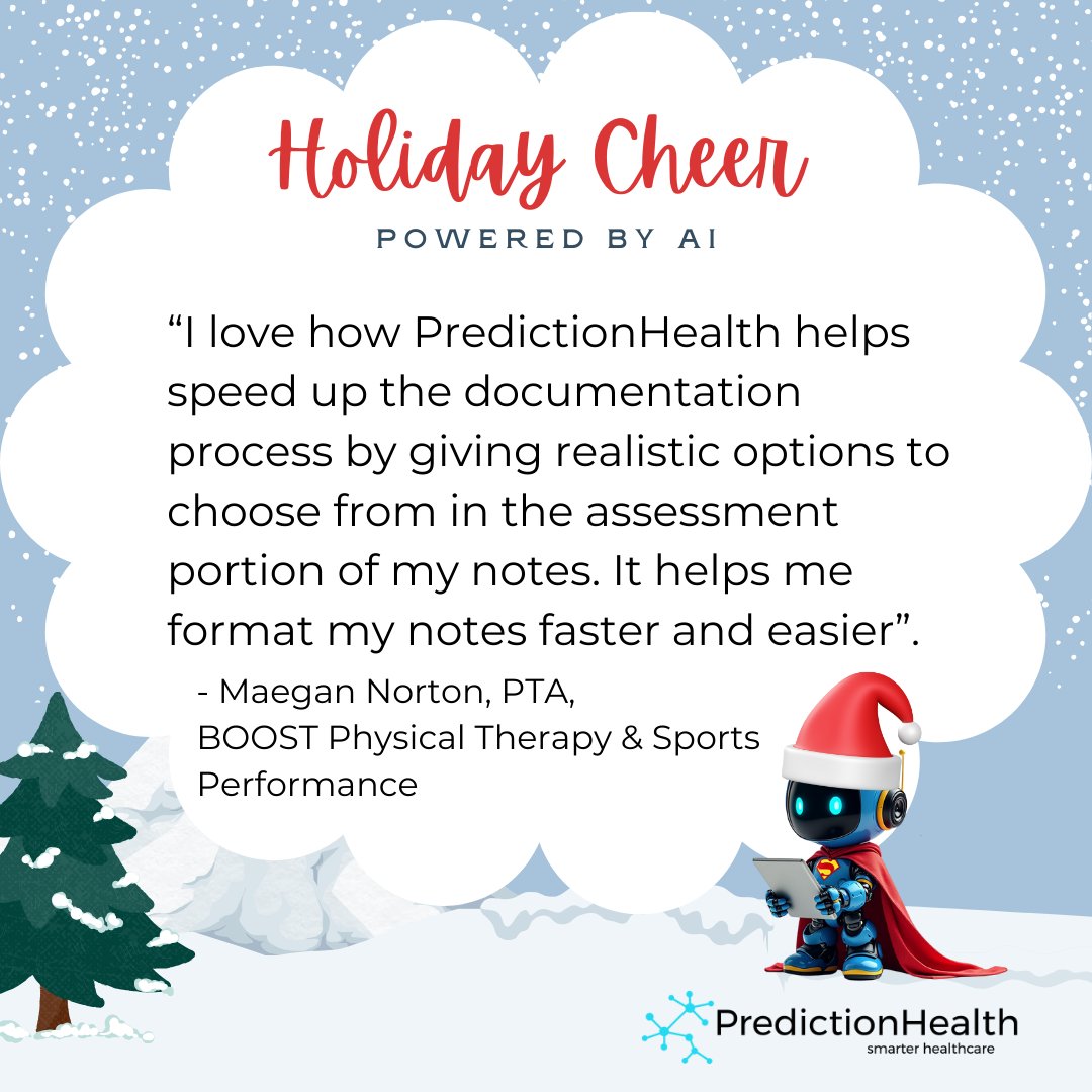 predictionhlth's tweet image. Today's #AIpowered holiday cheer is brought to you by Maegan Norton, PTA at BOOST Physical Therapy and Sports Performance 🎉🎁🎄
#sidekick #AIdocumentation #AIscribe