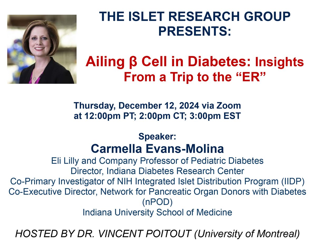 Islet Research Seminar Series (@isletseries) on Twitter photo This Thursday 12/12 come join us for Carmella Evans-Molina <a href="/cevansmo/">Dr. Carmella EvansMolina</a> on ER regulation of beta cell function! This Thursday 12/12 come join us for Carmella Evans-Molina <a href="/cevansmo/">Dr. Carmella EvansMolina</a> on ER regulation of beta cell function!
