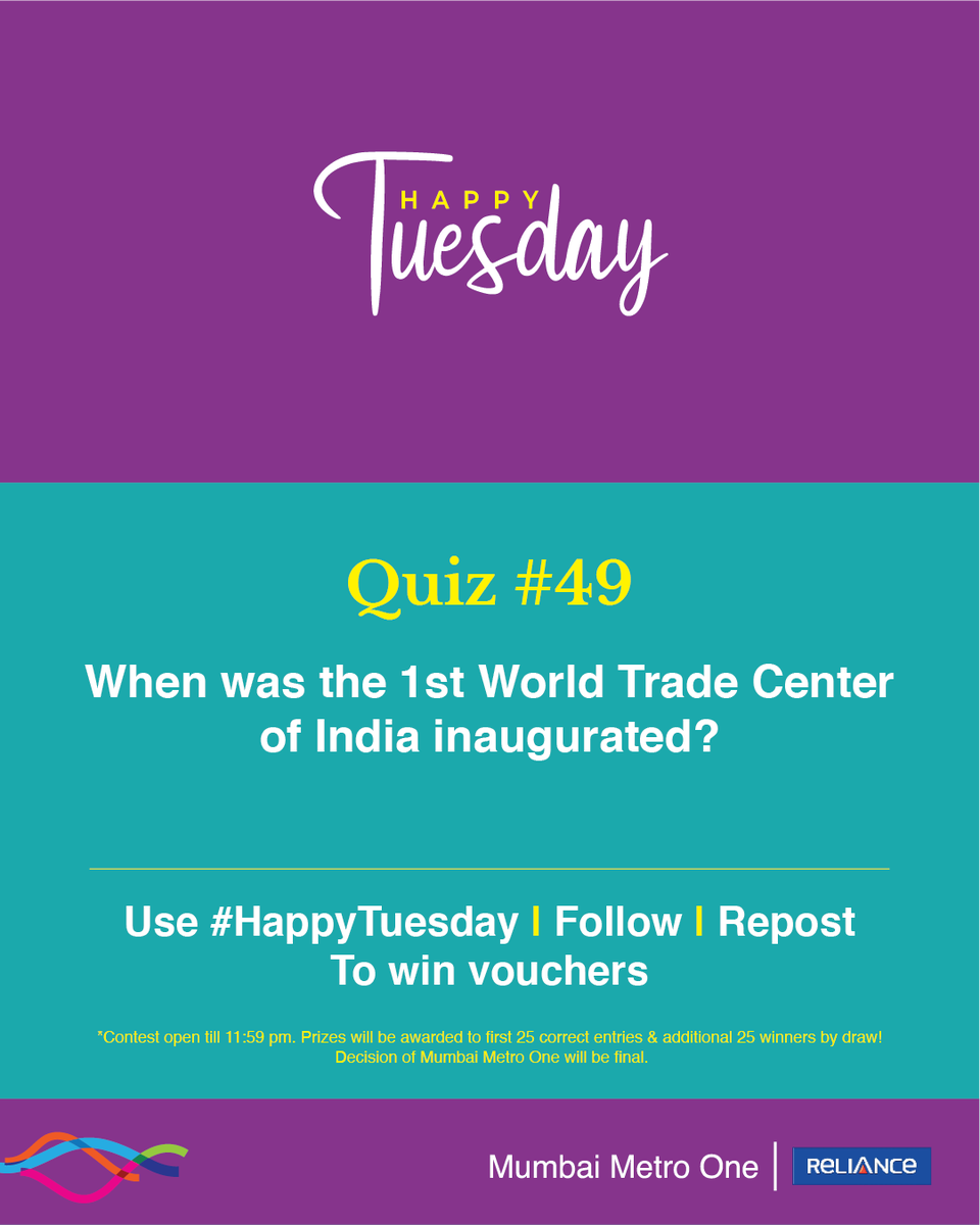 MumbaiMetro01's tweet photo. #HappyTuesday quiz is here! 

The 49th edition is about a building in Cuffe Parade inaugurated by the then Honourable Prime Minister of India, Shri Morarjee Desai.

Prizes will be awarded to 50 winners, the first 25 correct entries, and an additional 25 winners by draw.

Follow, Repost and Use #HappyTuesday (all mandatory) to win. 
#ContestAlert #Giveaways #Voucher #MumbaiMetro