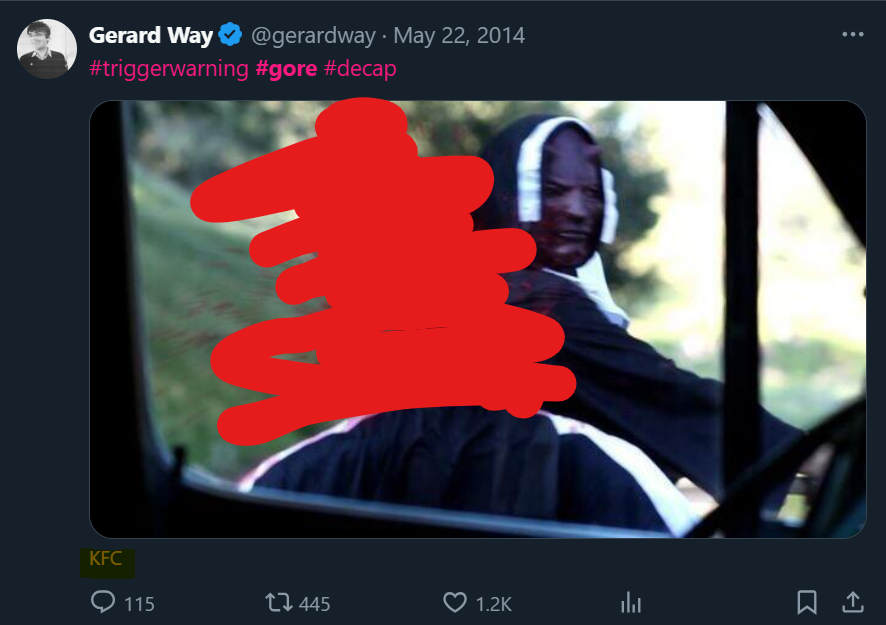 freakymcrchurch's tweet photo. Gerard tagging fast food companies in gore posts 😭 https://t.co/RGboJrlKhU