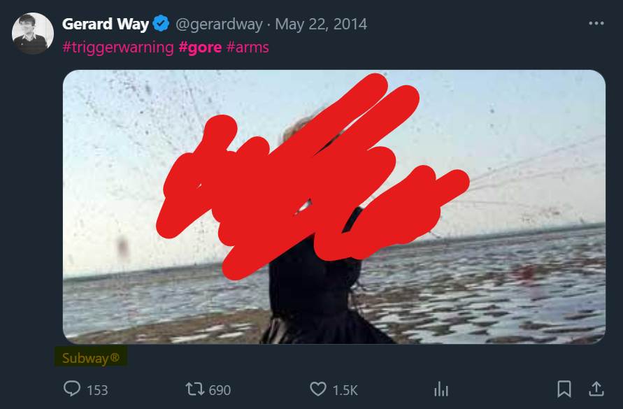 freakymcrchurch's tweet photo. Gerard tagging fast food companies in gore posts 😭 https://t.co/RGboJrlKhU