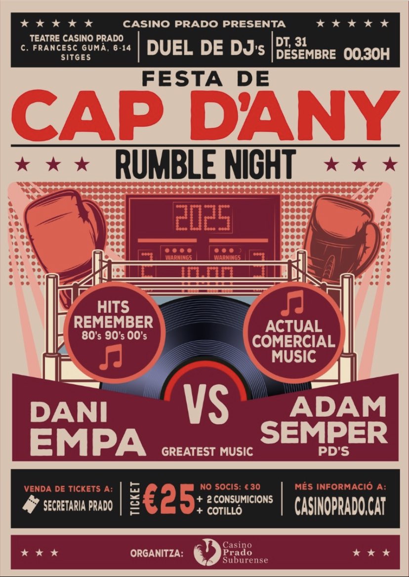 El Prado es prepara per deixar endarrere el 2024! 🪩

Festa de Cap d’Any al Casino Prado! 
🎊 Nit del 31 de desembre
🕐 Obertura de portes a la 00:30h
📍 Teatre Prado

🎟️ Venda d’entrades a secretaria a partir de demà 10/12 d’11h a 13h i de 16h a 18h.

T’ho perdràs? #viuprado