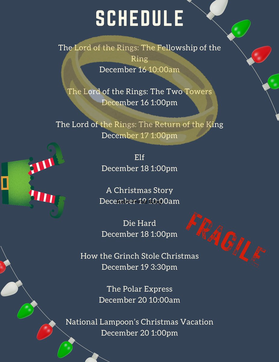 Next week, the HSL is hosting a movie marathon! 

Come by computer lab A in the library to catch a flick and relax after exam season. 

Hope to see you there! 🎄🎅🏻🤶🏻