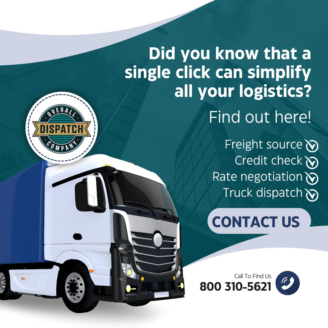 OverallDispatch's tweet image. Streamline your logistics with just ONE click! From freight sourcing to truck dispatch, we've got you covered. 🚛✨ Contact us today and experience the ease of seamless operations. 📞 Call now: 800-310-5621. Let's move forward together! 💼📦