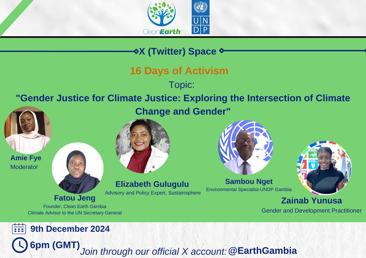 EarthGambia's tweet photo. Just wrapped up an incredible @X space on 'Exploring the Intersection of Climate Change &amp; Gender' for the #16DaysOfActivism2024. 
🙏🏾 to our amazing speakers &amp; participants. 
🙏🏾 @UNDP_TheGambia for your partnership! 
We're committed to driving climate action &amp; empowering women. https://t.co/V887ns5ZPk