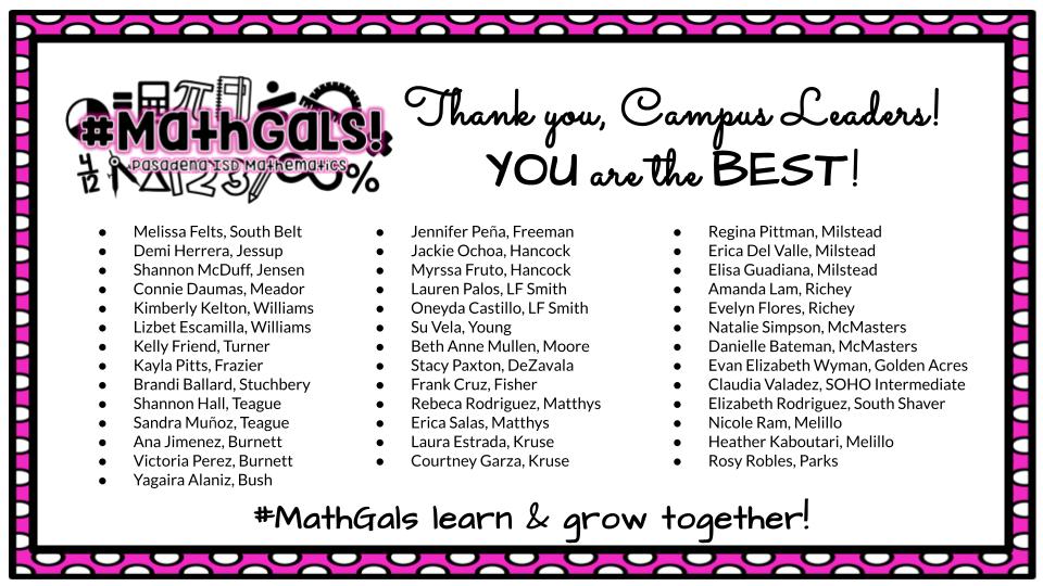 janetdnuzzie's tweet photo. Woohoo! Thank you to these amazing #PISDMathChat &amp; #PISDMiddle &amp; #PISDIntMath mathematics leaders for sponsoring our second #MathGals Club at their campus! It is our shared responsibility to promote #WomeninSTEM ... &amp; together - w/this team - we are making it happen! #NCSMBold https://t.co/dvIvWUXc6v