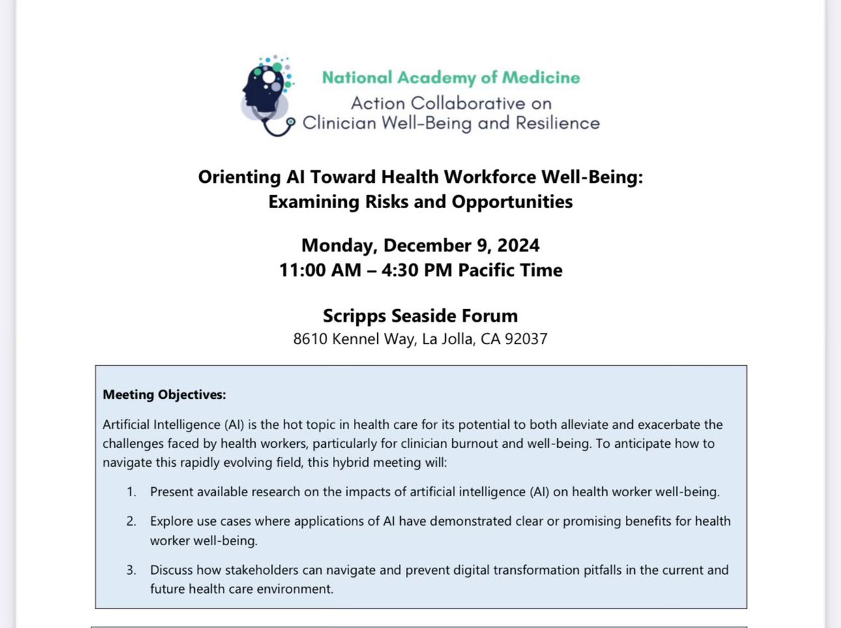 Christopher A. Longhurst, MD (@calonghurst) on Twitter photo “Orienting AI toward Health Workforce Well-Being”
The <a href="/InnovationUCSDH/">Jacobs Center for Health Innovation @ UC San Diego</a> and <a href="/UCSDCompassion/">Sanford Institute for Empathy and Compassion</a> teams are delighted to co-host this <a href="/theNAMedicine/">National Academy of Medicine</a> hybrid meeting in San Diego and online today!
Special thanks to my co-chair <a href="/jackiegerhartmd/">JackieGerhartMD</a> - join us ⤵️
nam.edu/event/orientin… “Orienting AI toward Health Workforce Well-Being”
The <a href="/InnovationUCSDH/">Jacobs Center for Health Innovation @ UC San Diego</a> and <a href="/UCSDCompassion/">Sanford Institute for Empathy and Compassion</a> teams are delighted to co-host this <a href="/theNAMedicine/">National Academy of Medicine</a> hybrid meeting in San Diego and online today!
Special thanks to my co-chair <a href="/jackiegerhartmd/">JackieGerhartMD</a> - join us ⤵️
nam.edu/event/orientin…