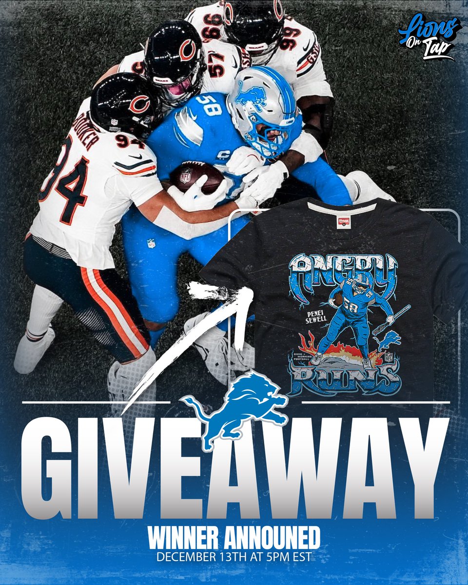 LionsOnTap's tweet image. 😤PENEI SEWELL ANGRY RUNS GIVEAWAY 😤

To enter 👇

1. Follow @LionsOnTap
2. Like and Repost this
3. Comment #OnePride

Winner chosen THIS FRIDAY at 5PM EST!

🔥Who wants to end their work week with some free Detroit Lions swag!?🔥

#OnePride