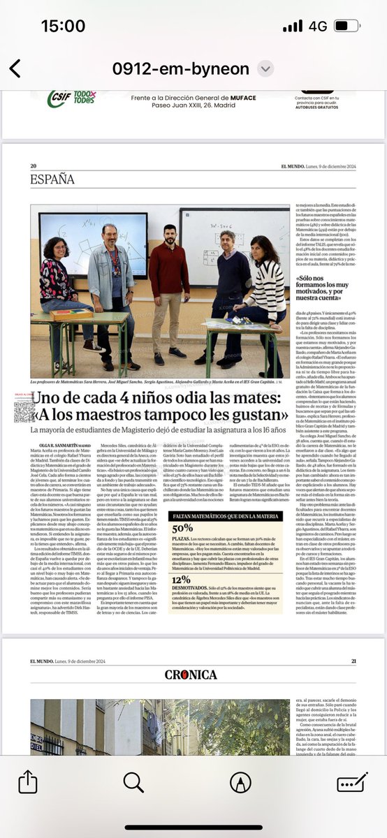 1 de cada 4 niños odia las matemáticas,. La educación necesita maestros valorados y preparados para enseñar esta asignatura esencial. El 50% de las plazas de Matemáticas quedan sin cubrir.  blog.funcas.es/matematicas-y-… amp.elmundo.es/espana/2024/12…