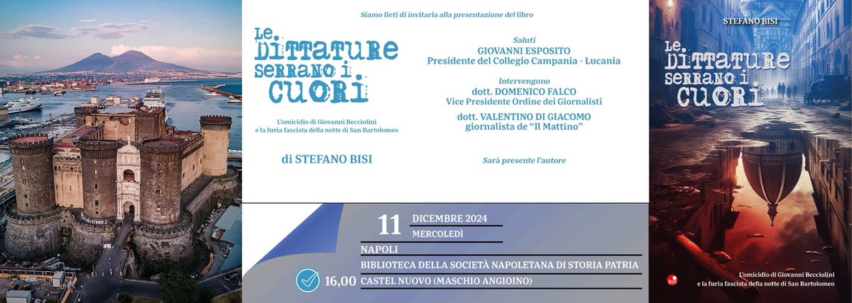 L'#11dicembre, a #Napoli c/o il Castel Nuovo (Maschio Angioino) continuano le presentazioni del #libro di Stefano Bisi “Le dittature serrano i cuori”.
Interverranno Domenico Falco, Vice Presidente Ordine dei Giornalisti, e <a href="/ValDiGiacomo/">Valentino Di Giacomo 🇪🇺</a> de <a href="/MattinodiNapoli/">Il Mattino</a>. #Massoneria