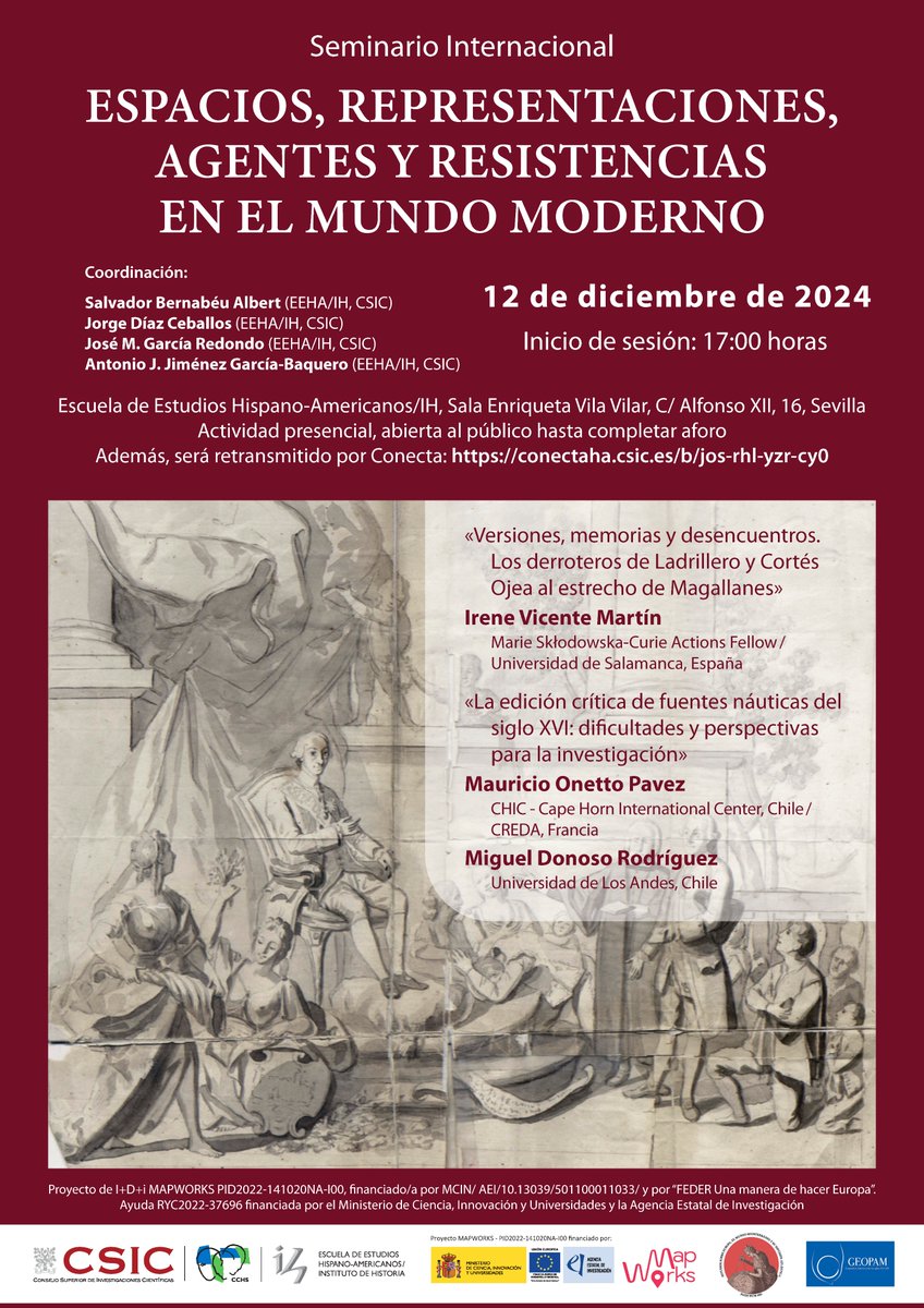 Próximo seminario "Espacios, representaciones, agentes y resistencias en el mundo moderno"
📆 12 de diciembre
🕝17 h.
🏛️ EEHA-IH, CSIC, Sevilla
🗣️ Irene Vicente Martín
🗣️ Mauricio Onetto Pavez
🗣️ Miguel Donoso Rodríguez
🧑‍💻 conectaha.csic.es/b/jos-rhl-yzr-…
ℹ️ ih.csic.es/es/event/semin…