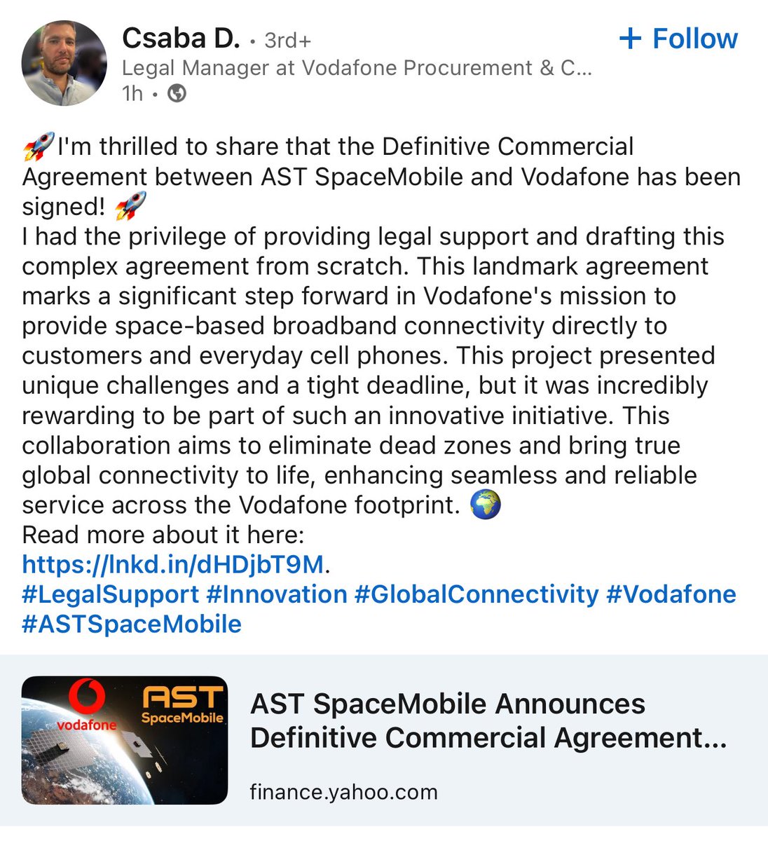 kingtutcap's tweet photo. $ASTS: In my humble opinion, the Vodafone deal is bigger than the AT&T and Verizon deal combined.

The complexity to get a deal this size involving multiple countries/continents, carve-outs, local regulations, spectrum policy, taxes, etc is very complex and time-consuming. (See below legal guy from Vodafone).

I also believe that the revenue potential for AST outside of the US will shock many people that have their head buried under the sand with AT&T and Verizon.

Finally, as I’ve said oh so many times, stock price action is just background noise that I could care less about.