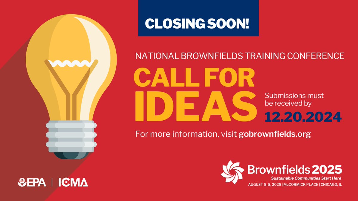 GoBrownfields's tweet image. The countdown is on! The Call for Ideas for Brownfields 2025 closes December 20th. Submit today!
gobrownfields.org/call-for-ideas/
#economicredevelopment #brownfields