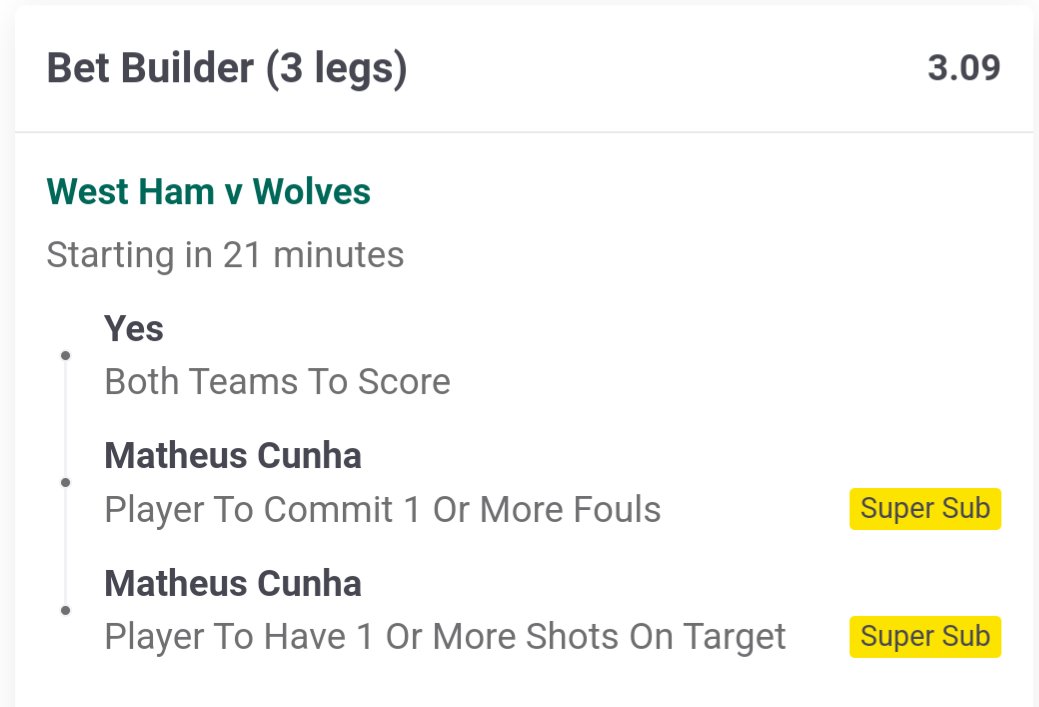 OddsOracleBets's tweet image. West Ham v Wolves ⚽🏴󠁧󠁢󠁥󠁮󠁧󠁿

📝 Bet Builders

⏳KO: 20:00 BST

👉 Level 1 @ 3.09
💰 1u

👉 Level 2 @ 26.46
💰 0.5u