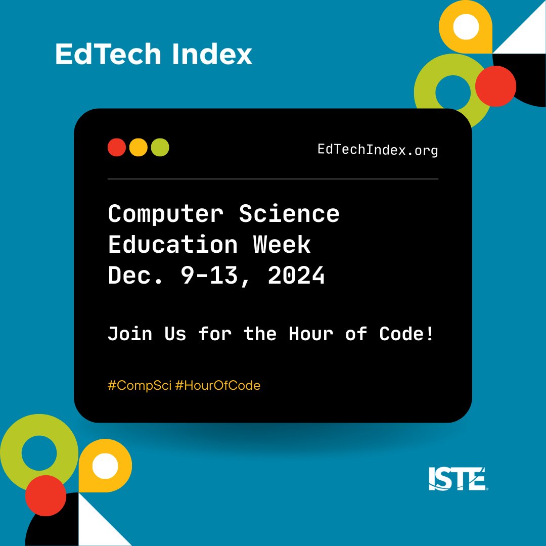 ISTEofficial's tweet image. Discover how The Hour of Code is transforming classrooms during Computer Science Education Week (Dec 9-15)
Explore coding tools & platforms that empower K-12 students to thrive in a tech-driven world on the EdTech Index.
hubs.ly/Q02--Dsp0
#HourOfCode #EdTechIndex #iste