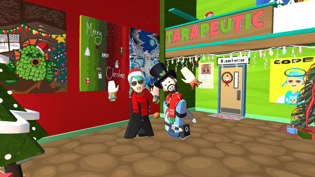 TarapeuticVR's tweet image. New Jumbotron themed Maker Pen skin available exclusively for Rec Room Plus! 👀 (If you didn't know, you can buy RR+ for a little discount through rec.net. I buy mine for a whole year to save.) Also some pics of decorating my dorm for xmas! #recroom #dorm #xmas