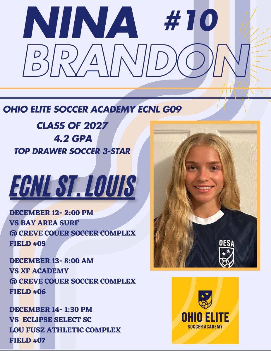 Nina Brandon • ECNL 2027 (@ninabrandon09) on Twitter photo Excited for #ECNLSTL with my team! Come watch us compete!
<a href="/ohioelite/">Ohio Elite Soccer Academy</a> <a href="/ImYouthSoccer/">ECNL/GA/Recruiting/College Soccer</a> <a href="/ImCollegeSoccer/">College Soccer Truth ™</a> <a href="/TopDrawerSoccer/">TopDrawerSoccer</a> <a href="/TheSoccerWire/">SoccerWire</a> <a href="/ECNLgirls/">ECNL Girls</a> Excited for #ECNLSTL with my team! Come watch us compete!
<a href="/ohioelite/">Ohio Elite Soccer Academy</a> <a href="/ImYouthSoccer/">ECNL/GA/Recruiting/College Soccer</a> <a href="/ImCollegeSoccer/">College Soccer Truth ™</a> <a href="/TopDrawerSoccer/">TopDrawerSoccer</a> <a href="/TheSoccerWire/">SoccerWire</a> <a href="/ECNLgirls/">ECNL Girls</a>