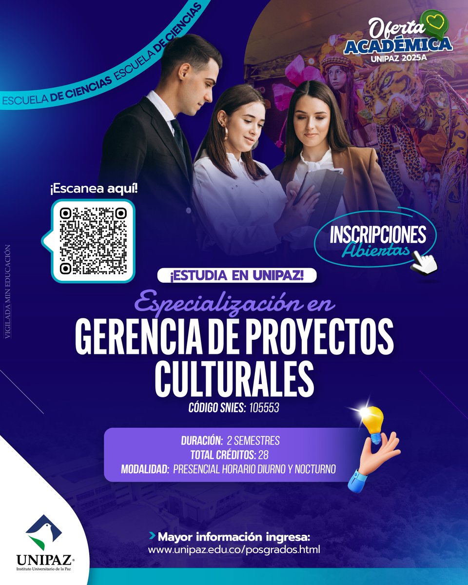 UNIPAZnoticias's tweet photo. ¿Eres profesional o estudiante UNIPAZ y te gustaría actualizarte y profundizar, iniciando un posgrado?
#UNIPAZ te ofrece Especialización en Gerencia de Proyectos Culturales. https://t.co/aFe2ltXOI7