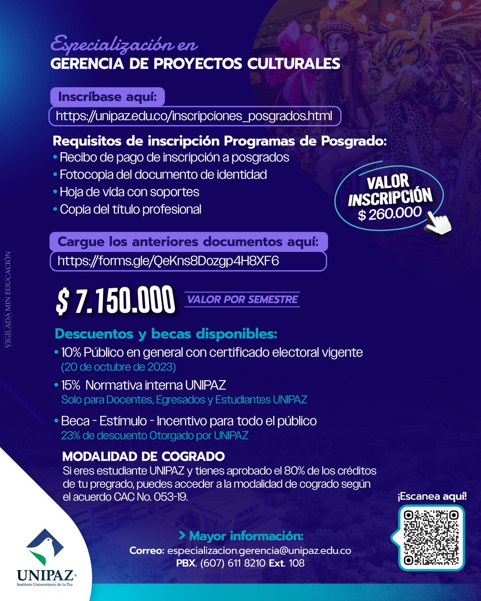 UNIPAZnoticias's tweet photo. ¿Eres profesional o estudiante UNIPAZ y te gustaría actualizarte y profundizar, iniciando un posgrado?
#UNIPAZ te ofrece Especialización en Gerencia de Proyectos Culturales. https://t.co/aFe2ltXOI7