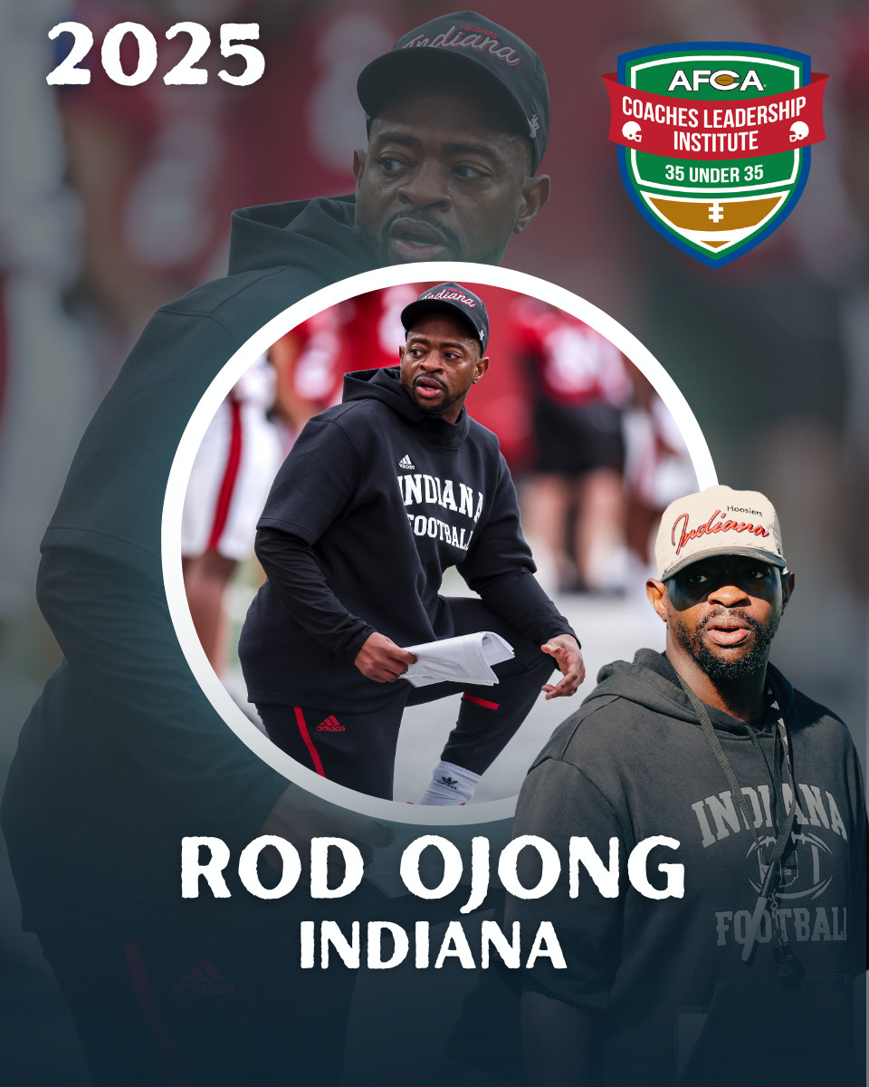 AFCA (@weareafca) on Twitter photo Congratulations to <a href="/IndianaFootball/">Indiana Football</a> Cornerbacks Coach <a href="/CoachOjong/">Coach Rod Ojong</a> on being named to the 2025 AFCA 35 Under 35 Class! 🏈 Congratulations to <a href="/IndianaFootball/">Indiana Football</a> Cornerbacks Coach <a href="/CoachOjong/">Coach Rod Ojong</a> on being named to the 2025 AFCA 35 Under 35 Class! 🏈