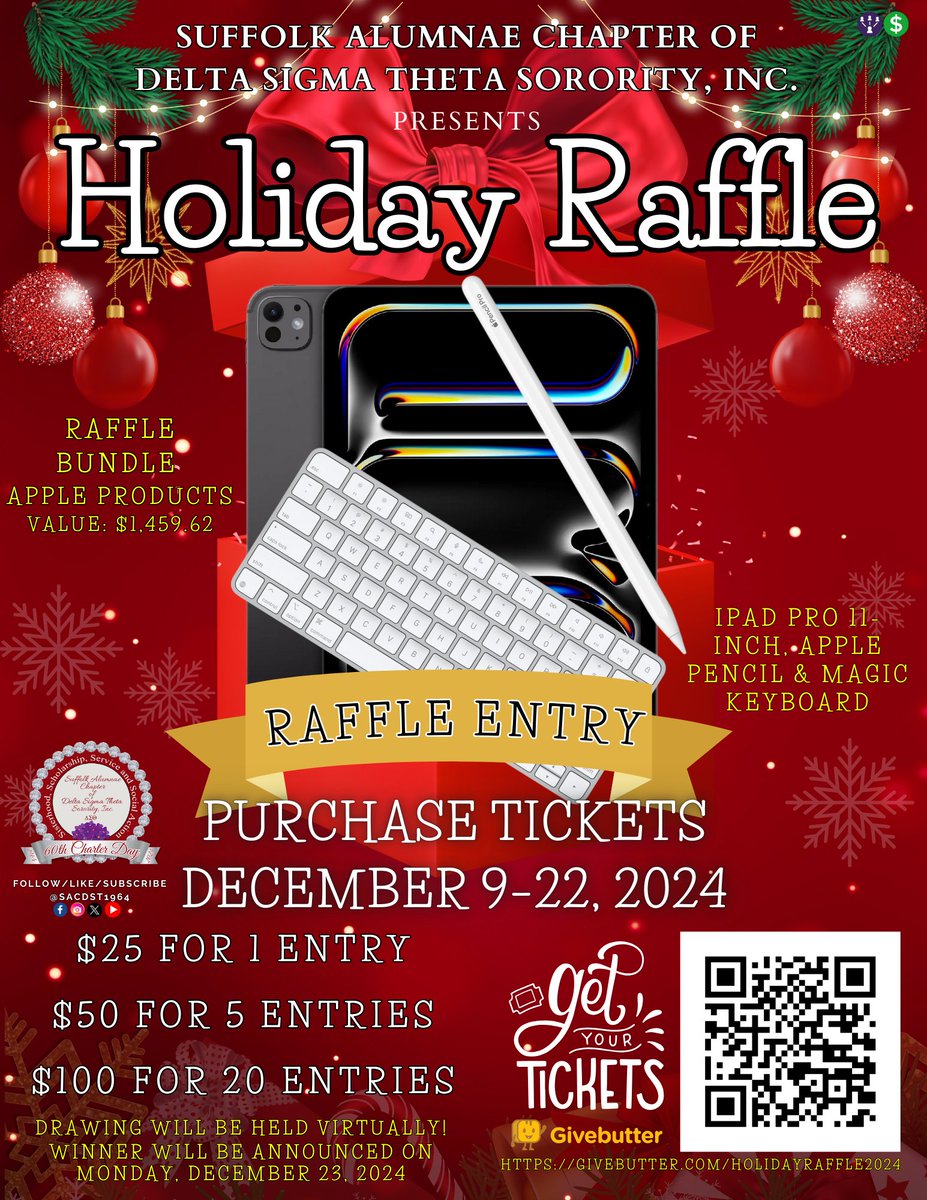 SACDST1964's tweet photo. 🧑🏾‍🎄🤶🏾🎄Holiday Raffle!!!🎄🤶🏾🧑🏾‍🎄
⤵️ Here is a link to purchase tickets 🎟🍎 🎟🍎🎟🍎🎟🍎🎟🍎🎟
https://t.co/u3jLlawDbg
Act fast and secure your tickets now!
#HolidayRaffle #AppleBundle #ChristmasGift #heartworksince1964 
#SensationalSAR #DST1913 https://t.co/qpnOABDRbT