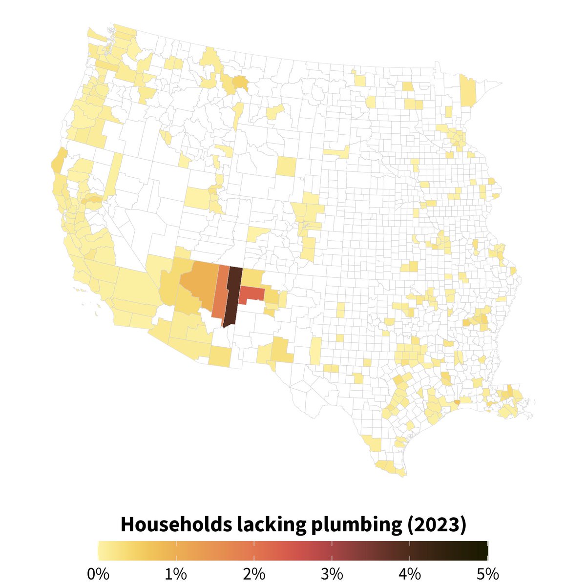 USGS_DataSci's tweet image. This blog post provides #reproducible code to process and visualize #tidycensus #acs data, such as households lacking plumbing facilities, across counties in the Western U.S.