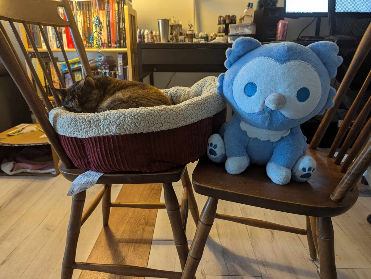 swordwraith's tweet image. Whole band now has our plush Owlbears from @iAmSugarCubed . We did not anticipate their size, so here is my cat for scale: