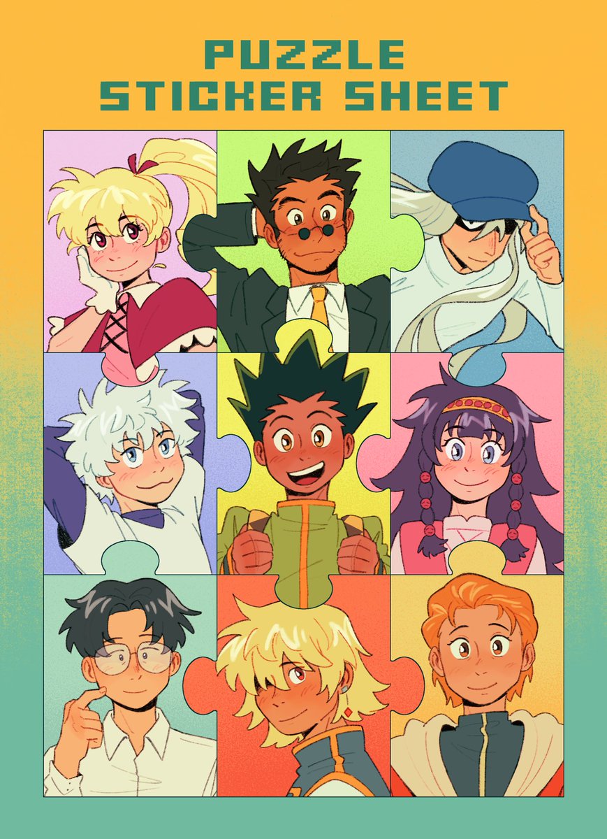 puzzle-shaped sticker sheet inspired by togashi's puzzle exhibition last year, focused on gon and some of the characters that were positive influences in his life ^-^ #hxh #hunterxhunter