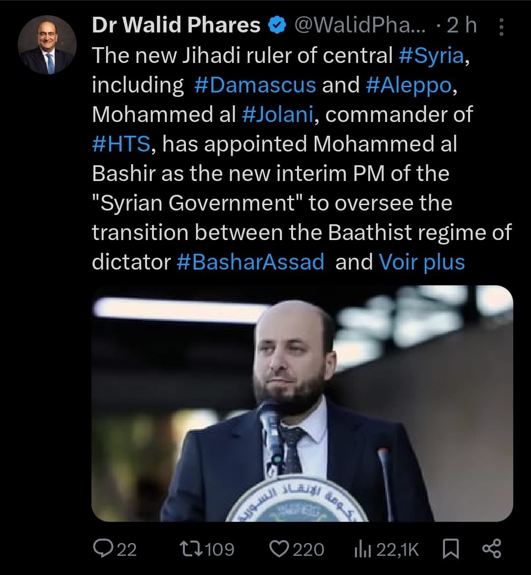 Thomas_France75's tweet photo. 🔴👇🏼Voilà
Mohammed al #Jolan, le nouveau dirigeant djihadiste de la Syrie, a nommé Mohammed al Bashir comme nouveau Premier ministre intérimaire du « gouvernement syrien » pour superviser la transition.
#AlBashir a été directeur des programmes d'enseignement de la charia sous le régime djihadiste de #Idlib pendant deux ans et demi.
Il est étudiant et admirateur de Hassan al Banna, fondateur égyptien des Frères musulmans et de #SayedQutb, idéologue et auteur du livre fondateur du neo-jihadisme, "Jalons".
Avec cette nomination, la nature djihadiste du nouveau régime est claire.