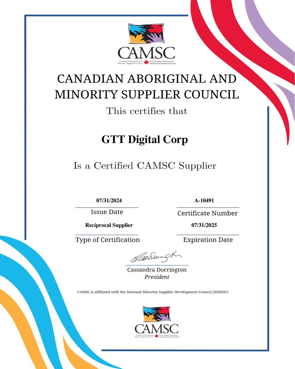 GTT_Staffing's tweet photo. GTT Digital is now an official supplier for CAMSC (Canadian Aboriginal Minority Supplier Council)! https://t.co/9EDaMGFO9I