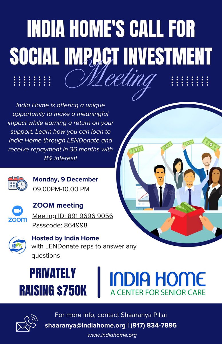India Home, Inc. (@indiahomeusa) on Twitter photo 📢 Invest with impact! Join India Home’s Social Impact Investment Meeting today at 9 PM EST to learn how you can support South Asian seniors while earning an 8% return in 36 months!
📍 Zoom Meeting:
ID: 891 9696 9056
Passcode: 864998
Contact: shaaranya@indiahome.org 💙 📢 Invest with impact! Join India Home’s Social Impact Investment Meeting today at 9 PM EST to learn how you can support South Asian seniors while earning an 8% return in 36 months!
📍 Zoom Meeting:
ID: 891 9696 9056
Passcode: 864998
Contact: shaaranya@indiahome.org 💙