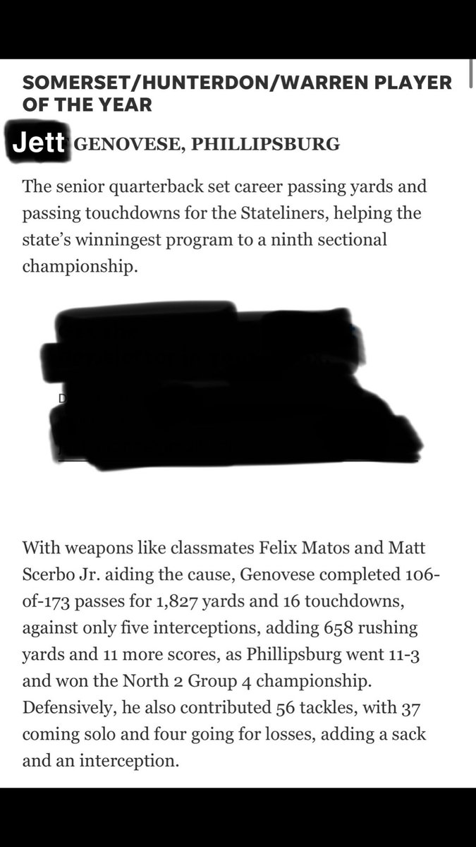 Jett Genovese (@genovesejett) on Twitter photo Honored to be named Somerset/Hunterdon/Warren player of the year! Couldn’t have been done without my teammates and coaches!
<a href="/CoachDuffy_burg/">Frank Duffy</a> <a href="/LinersFootball/">PhillipsburgFootball</a> Honored to be named Somerset/Hunterdon/Warren player of the year! Couldn’t have been done without my teammates and coaches!
<a href="/CoachDuffy_burg/">Frank Duffy</a> <a href="/LinersFootball/">PhillipsburgFootball</a>