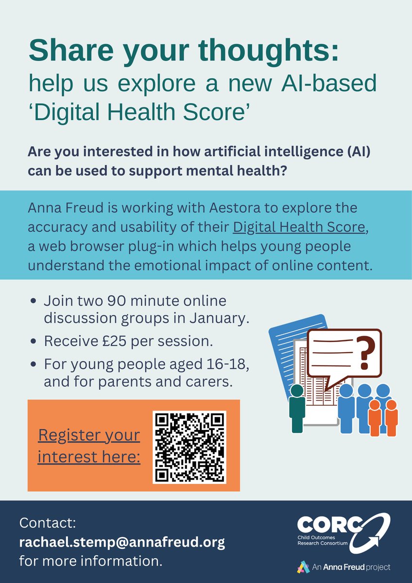 Rachael Stemp (@rachaelstemp) on Twitter photo Interested in how AI can support young people's mental health online? 
CORC are hosting focus groups to explore a new Digital Health Score web plug-in, developed by Aestora! 
Sign up here: forms.office.com/e/EyZf3hQ89D Interested in how AI can support young people's mental health online? 
CORC are hosting focus groups to explore a new Digital Health Score web plug-in, developed by Aestora! 
Sign up here: forms.office.com/e/EyZf3hQ89D