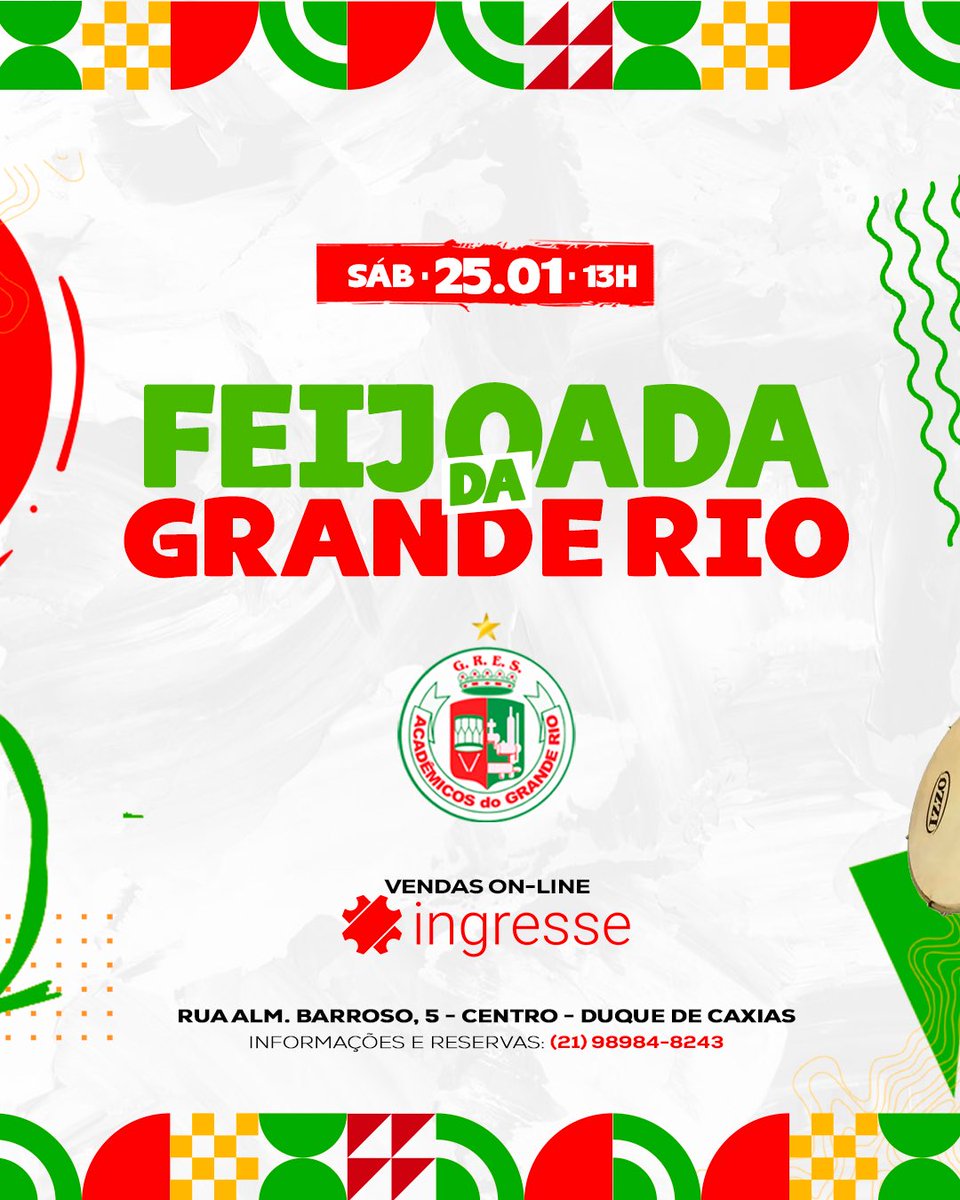 Granderio's tweet photo. Podemos, Caxias?! 🇭🇺

SIIIM! Vamos nos encontrar para firmar aquele samba e pagode com a energia que só a nossa escola tem?! Vem aí mais uma edição da Feijoada da Grande Rio…

📅 Dia 25/01, a partir das 13h, com 4 atrações imperdíveis e uma escola de samba convidada! https://t.co/8VKLcgZ8b3