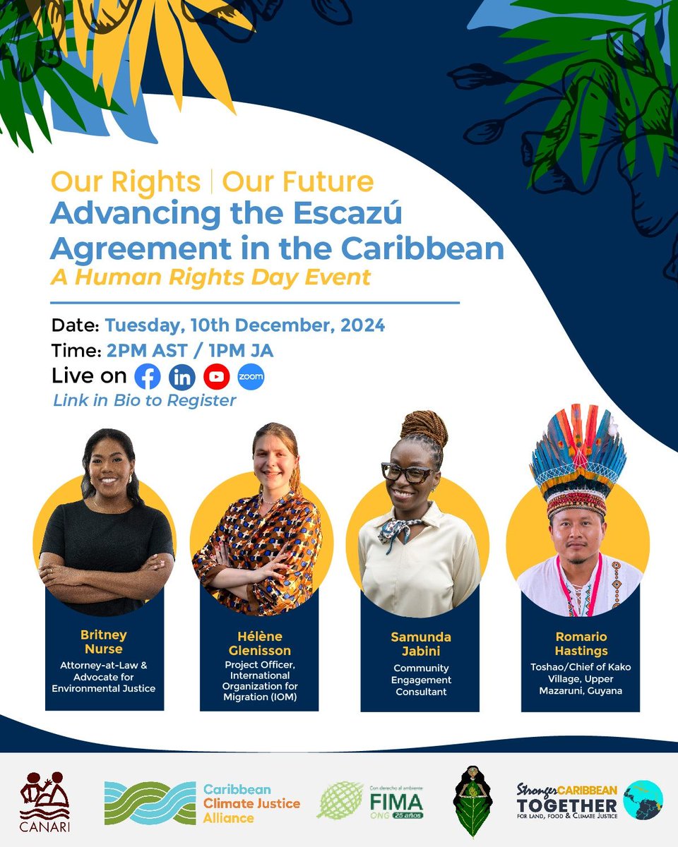 IOM_Caribbean's tweet photo. Join us this Human Rights Day, Tuesday 10 December, to explore the #EscazuAgreement. This framework addresses climate change effects and supports vulnerable groups like migrants, indigenous peoples, and women. 🔗https://t.co/kQ6fo1YjLf to register! 🌍✨ https://t.co/zYoYTPD6TX