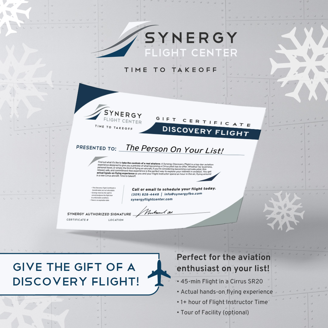 SynergyFBO's tweet photo. They've always wanted to learn to fly. Make that dream a reality this holiday. 

Gift them their first Discovery Flight from Synergy Flight Center in Bloomington or Wheeling, Illinois. Hands-on flying experience in @Cirrus_Aircraft

🎁 Purchase today: https://t.co/1tk5qe8Q9W https://t.co/aLK5BB2YLq
