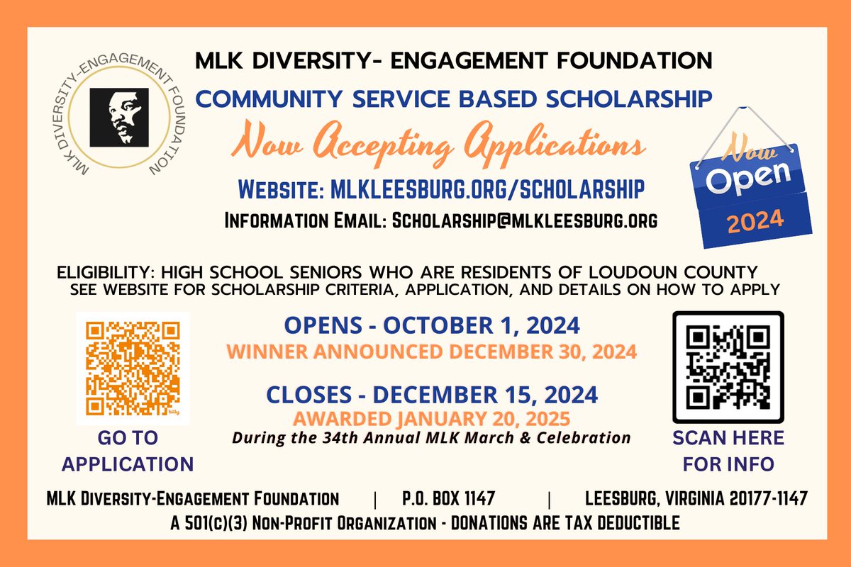 MLKMarch's tweet image. We are now accepting applications for our 2025-2026 Scholarship Program. Details below- apply and more info here: mlkleesburg.org/scholarships

Deadline to apply is Dec. 15. Please share with any High School Seniors or parents of Seniors who might be interested.