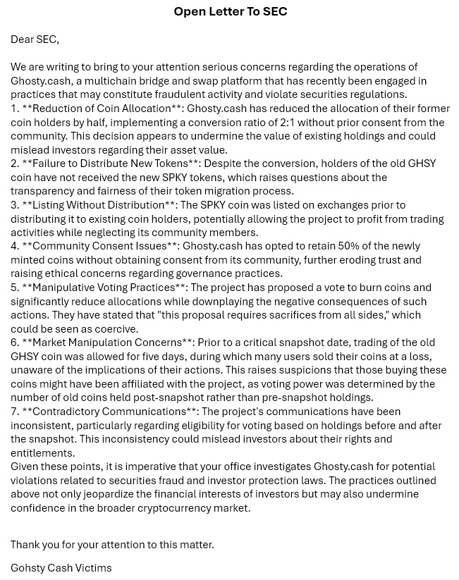 Trendingtrendx's tweet photo. @GhostyCash This is a draft that will be posted to the SEC's X account if the 4:1 ratio allocation vote proposal passes. Please like, retweet, and comment on any areas of improvement for the open letter. https://t.co/Kq6DAKGri9