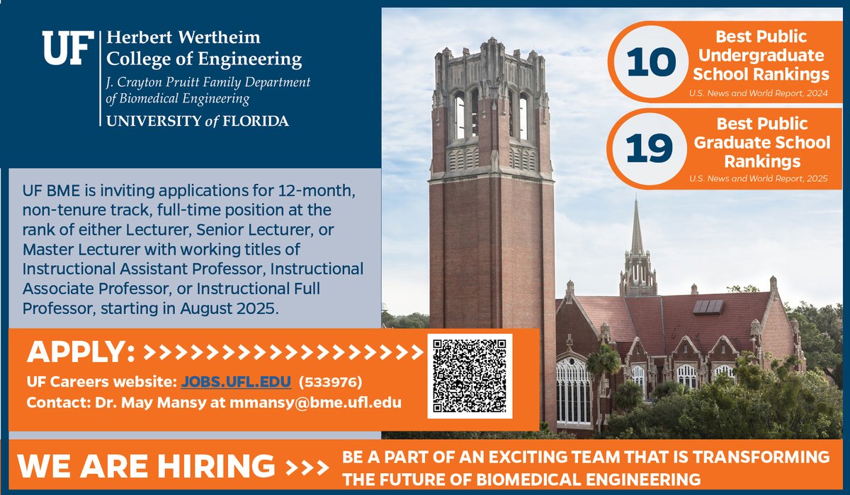 <a href="/UFBME/">UF BME</a> is hiring innovative instructional faculty (non-tenure track) at the Assistant/Associate level with the expertise/ability to teach a lab-based cell &amp; tissue engineering course. Apply now &amp; join our family August 2025! Link below 👇