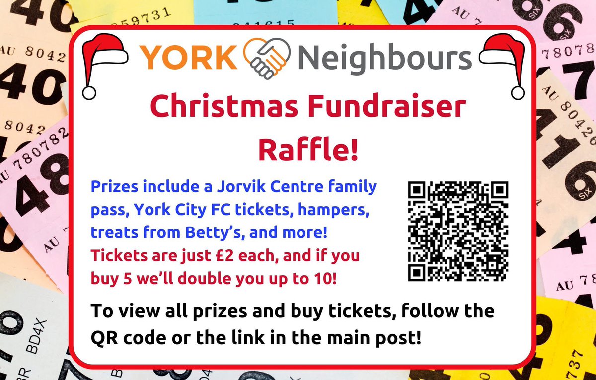 🙌 Thank you those who've already bought tickets for our Christmas Raffle...  Every couple of pounds will go a good way to supporting some of our city's most lonely and isolated older residents. You have until Friday 20 December to get yours! 🟠

👉 tinyurl.com/YorkNeighbours… 👈