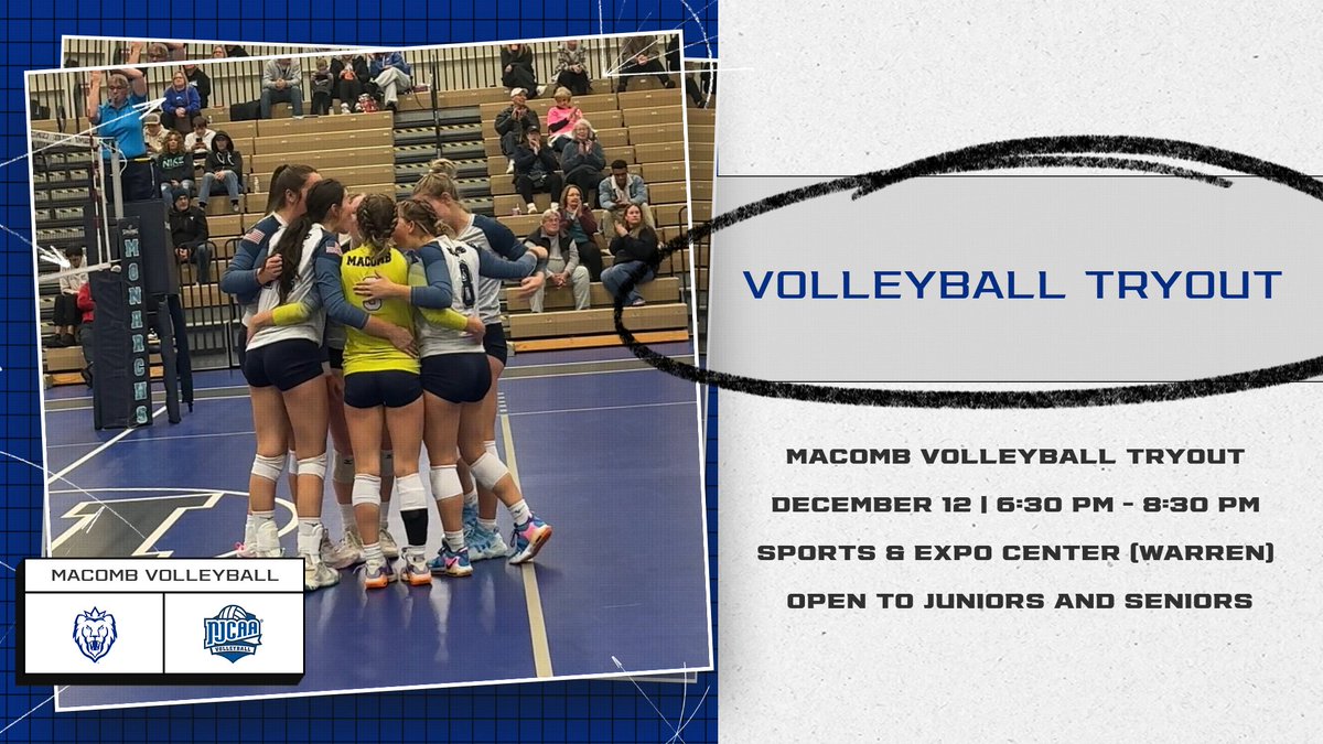 🏐 Volleyball Tryout 🏐

<a href="/MacombVB/">Macomb Volleyball</a> will be hosting a tryout open to high school juniors and seniors at the Sports &amp; Expo Center on December 12 from 6:30 PM - 8:30 PM!

#WeReign #NJCAAVolleyball #NJCAAVB