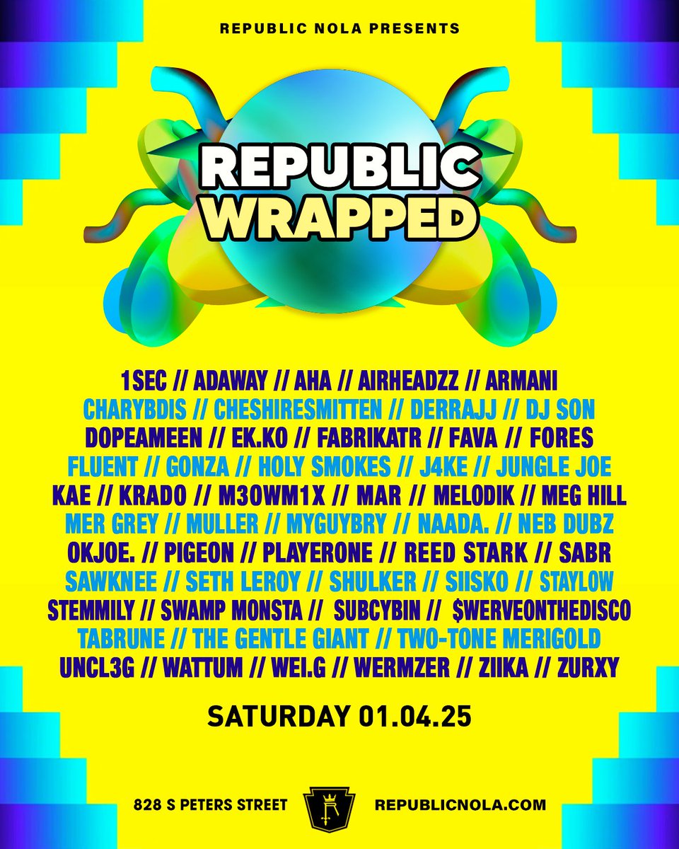 Presenting... the 3rd Annual REPUBLIC WRAPPED! Some of our best locals who performed throughout 2024 are teaming up to showcase their talents on Saturday, January 4th and this year is BIGGER THAN EVER! Stay tuned for the tremendous teams that tickle your ears and take you