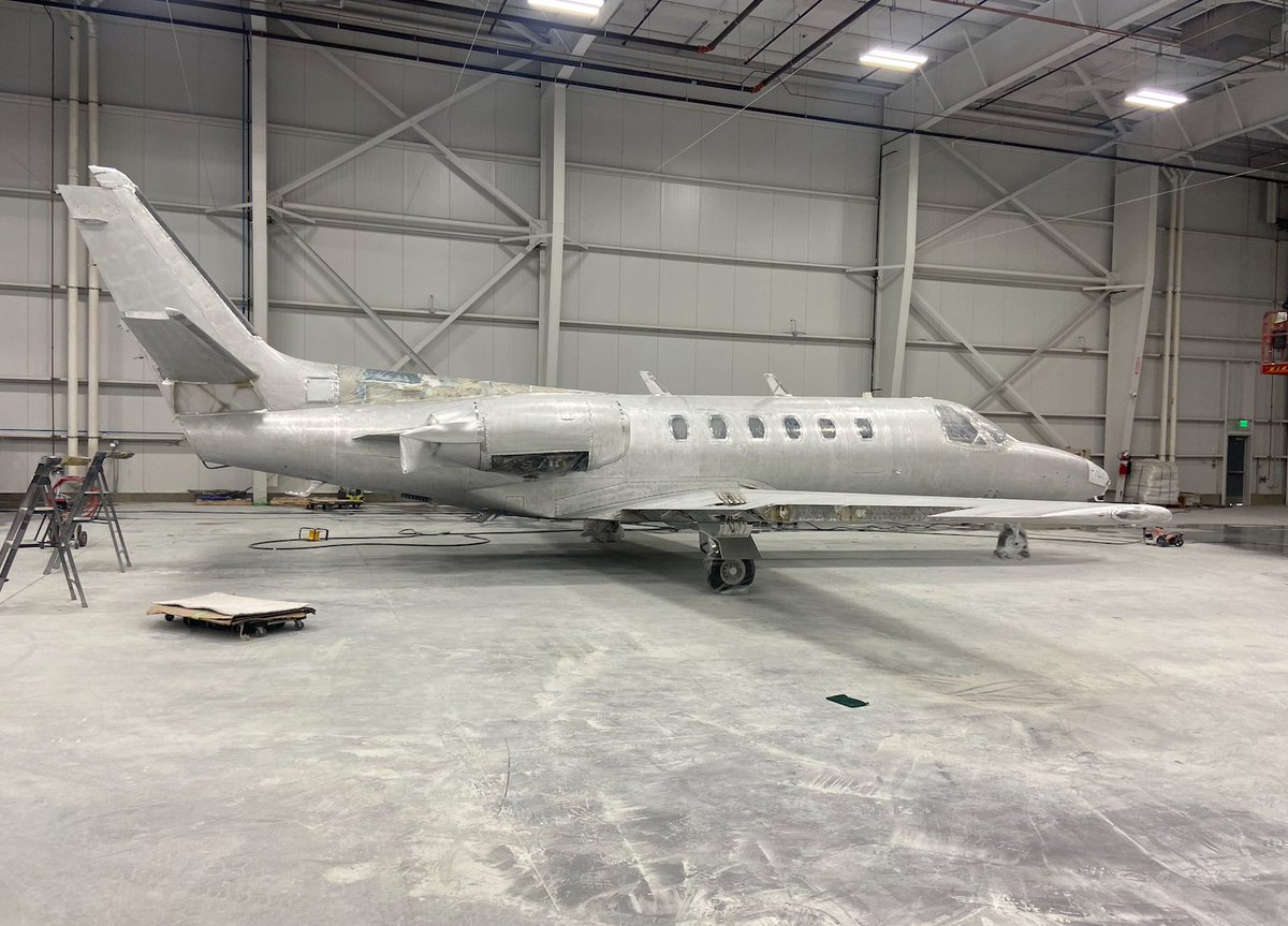 CoulsonAviation's tweet photo. Coming soon - a fresh, new Coulson livery look for this Citation! With its sleek new paint job in progress, this aircraft is closer to taking to the skies and supporting critical missions around the globe. Stay tuned for updates! ✈️ #coulsonaviation #aerialfirefighting #c550 https://t.co/LRUFcSZExU