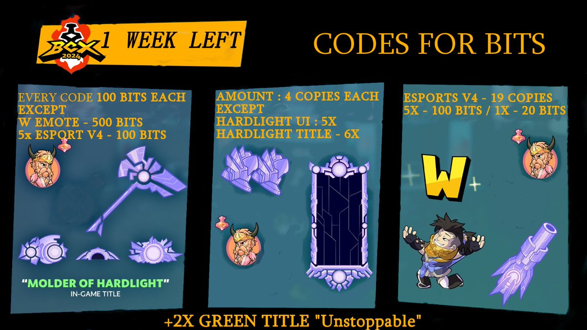 Magicka0's tweet photo. #codes HARDLIGHT - 100 BITS EACH: AXE X4 CANNON X4 BOOTS X4 LOADING FRAME X4 UI / INSYGNIA X5 TITLE X6 W EMOTE X4 - 500 BITS EACH ESPORTS V4 X19 - 20 BITS EACH / 5 FOR 100 BITS GREEN TITLE "Unstoppable" X2 - 100 BITS EACH #bcxcodes #brawlhallacodes twitch link in replies https://t.co/vNQiD7oakl