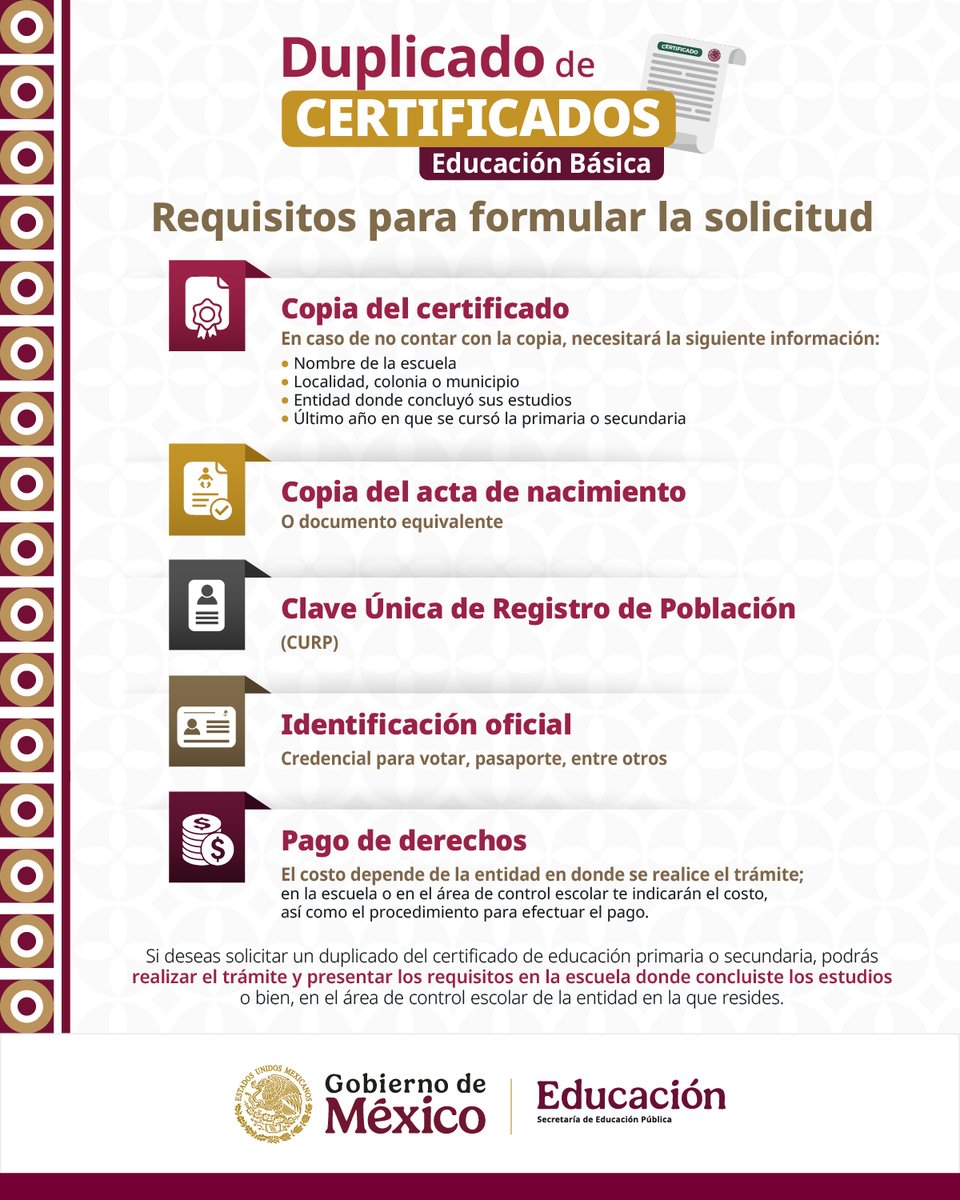¿Extraviaste tu certificado de #EducaciónBásica? 😱

💻 Ingresa a la página bit.ly/48htRKo y conoce todos los requisitos para solicitar un duplicado. 🤓